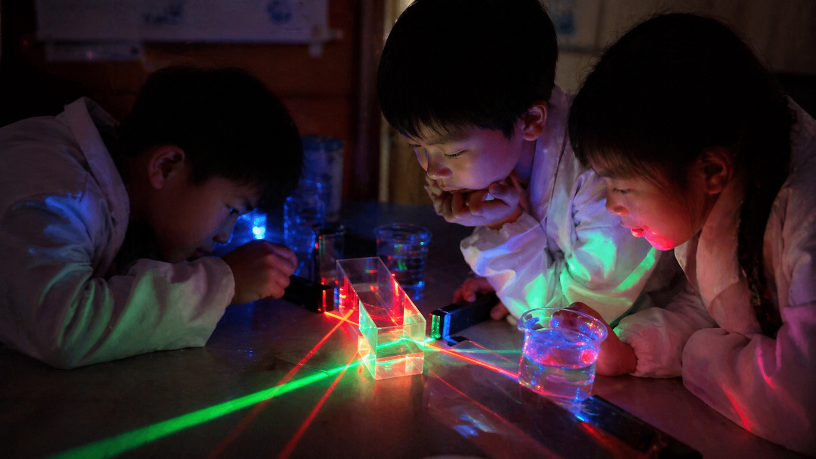 色とりどりの光を使った実験に夢中になる子どもたち